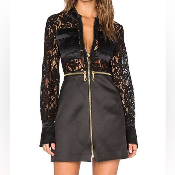 Alexis Dresses & Skirts - Alexis Keira black Lace mini dress eyelet gold zipper size M satin